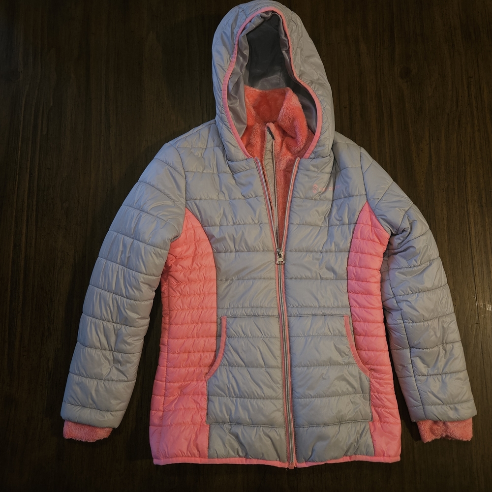 Free Country Light Gray and Pink Kids Puffer Jacket Size Large
